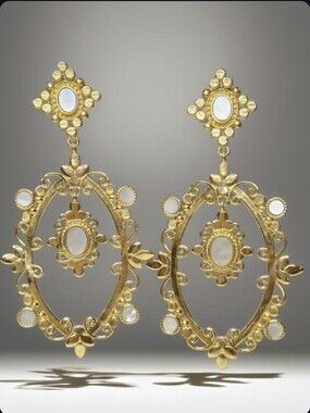 18k Gold Plated Oversized Artisan Mother Of Pearl Baroque Ornate Earrings